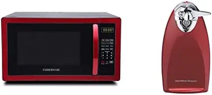 FMO11AHTBKN 1.1 Cu. Ft. 1000-Watt Microwave Oven with LED Lighting, Metallic Red &   Automatic Can Opener with Auto Shutoff,