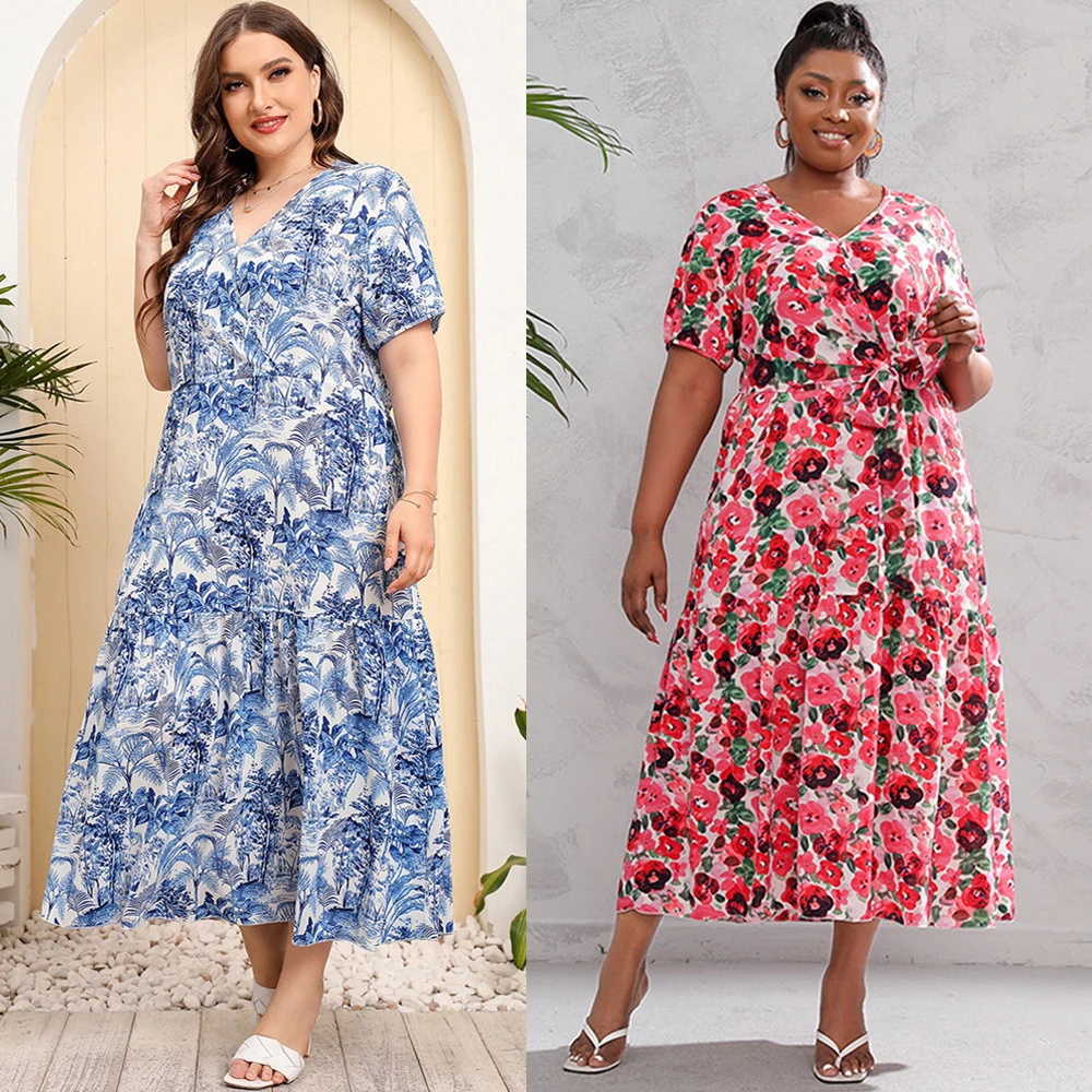 

Fashion Women Floral Print Long Dress Bohemian Kaftan Short Sleeve V-Neck Maxi Party Gown Summer Holiday Beach Sundress Vestidos