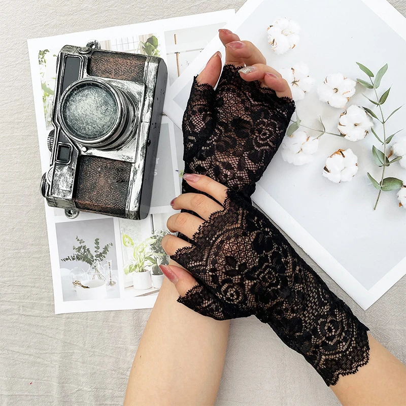 

Long Fingerless Women Sexy Lace Gloves White Black Ladies Half Finger Fishnet Gloves Sunscreen Mesh Glove Sun Protection Mittens