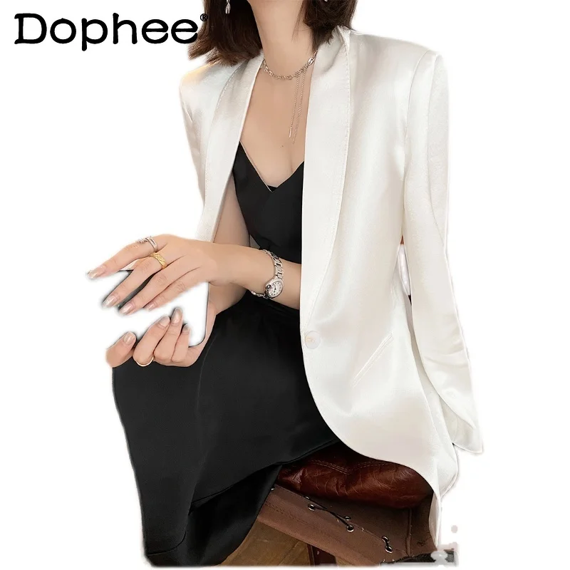 Popular Elegant White Suit Jacket for Women 2023 New Summer Thin Blazer One Button Satin Suit Slimming Sun Protection Coat