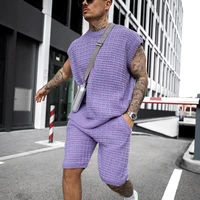 2022 summer knitted outfits for men casual short sleeve pullover knee length pants two piece set loose sheer crochet active wear