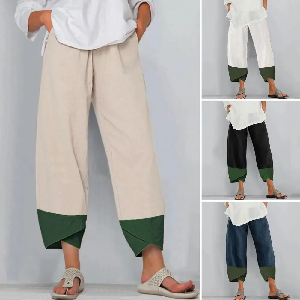 

Elastic Waist Mid-Rise Slant Pockets Women Bloomers Patchwork Leg Opening Ninth Length Wide Leg Pants Female Clothing Streetwear