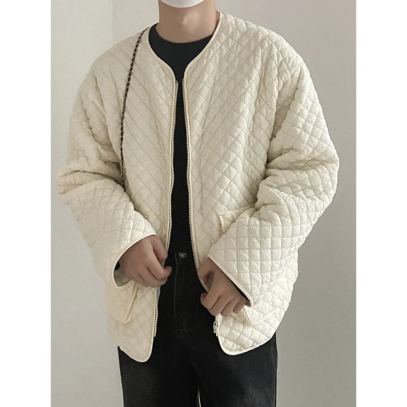 Winter Jacket Men Warm Fashion Casual Beige Black Plaid Jackets Men Korean Loose O Neck Short Coat Mens Parker Clothes M-XL