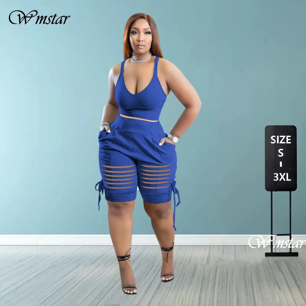 

Wmstar Two Piece Outfits Women Vest Shorts Sets Hole Bandage Pants Casual Jogging Tracksuit Matching Suit Wholesale Dropshipping