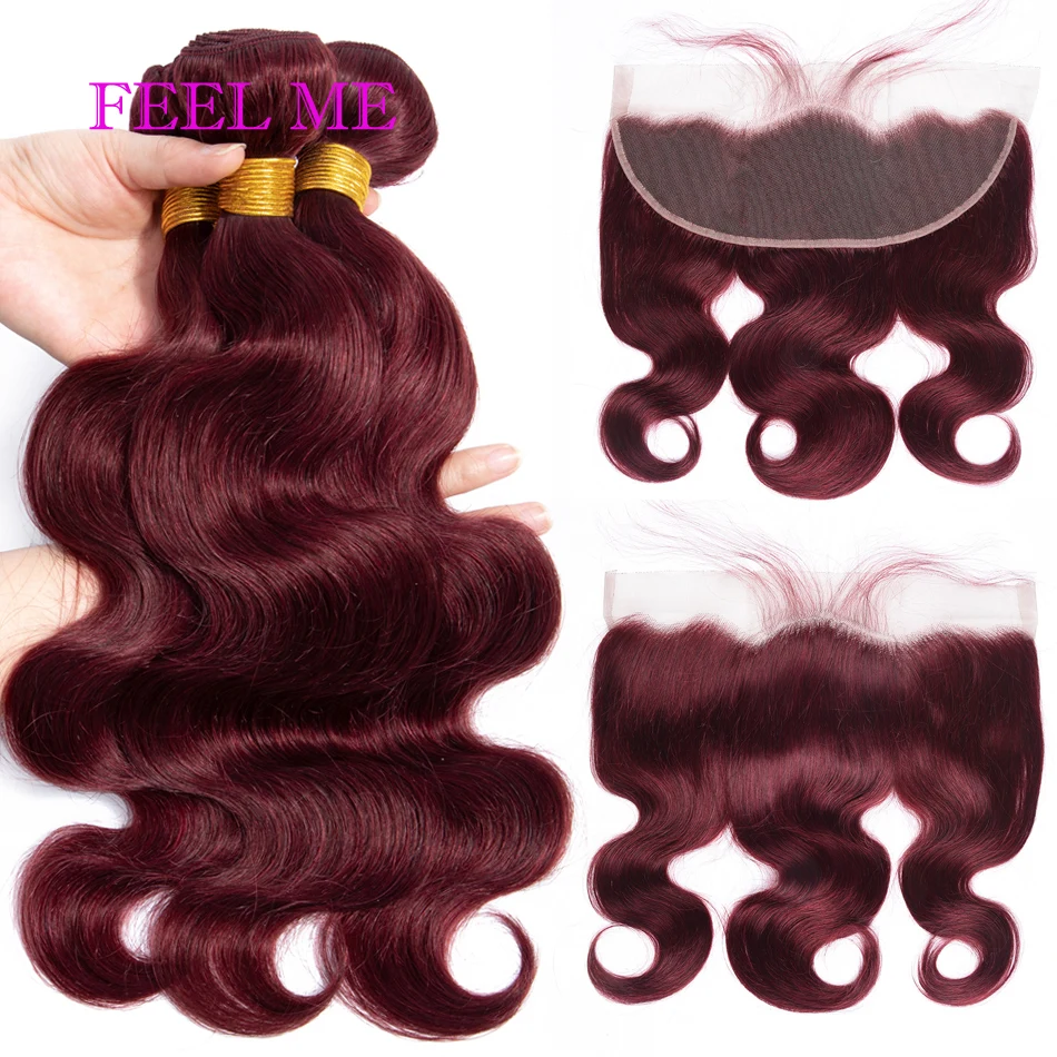 

FEELME 99j Body Wave Bundles With a Closure 3pcs Burgundy Peruvian Body Wave With Lace Frontal Human Hair Pre Plucked 13x4inch