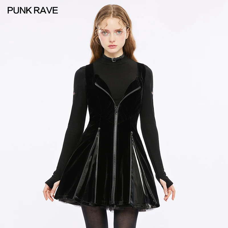 PUNK RAVE Women's Punk Daily Techwear Front Zippered Tube Dress with Adjustable Back Cross Wide Shoulder Straps Club Small Dress