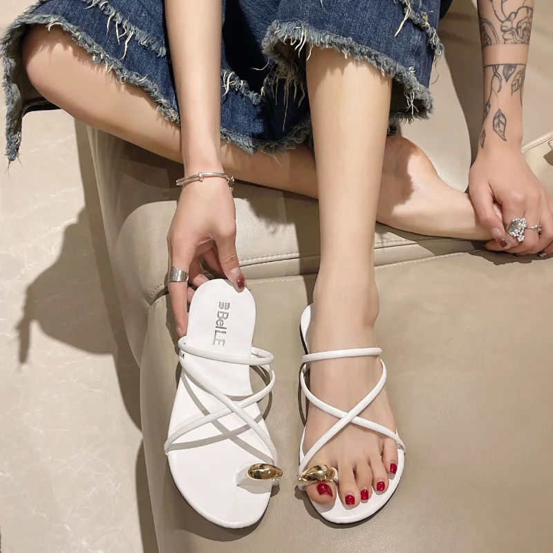 

Ladies Shoes 2023 Hot Sale Thong Sandals Women's Slippers Summer Beach Slippers Women Narrow Band Metal Decoration Shoes Women