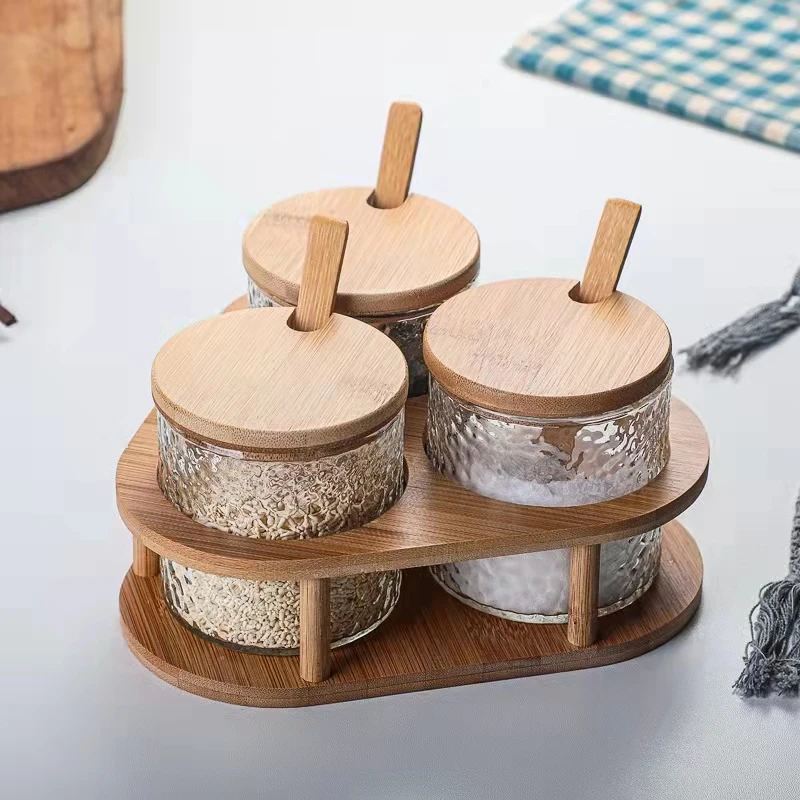 

Hammered Glass Seasoning Box Set Kitchen Salt Sugar Bowl with Tray Home Seasoning Soy Sauce Vinegar Bottle Kitchen Accessories
