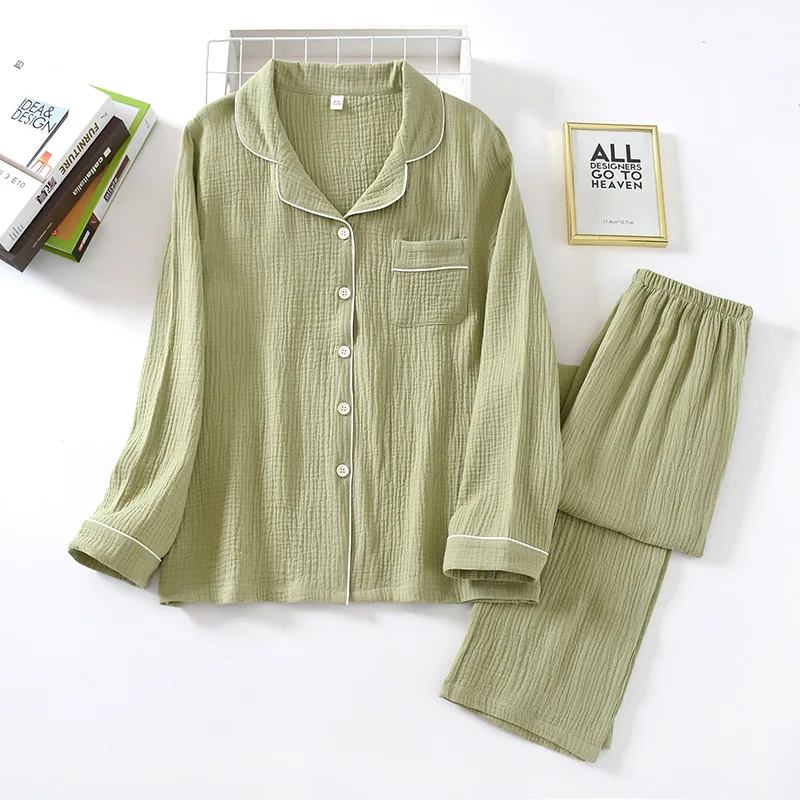 

New spring and autumn pure cotton crepe cloth couple soft and breathable men long-sleeve simple home service women two piece set