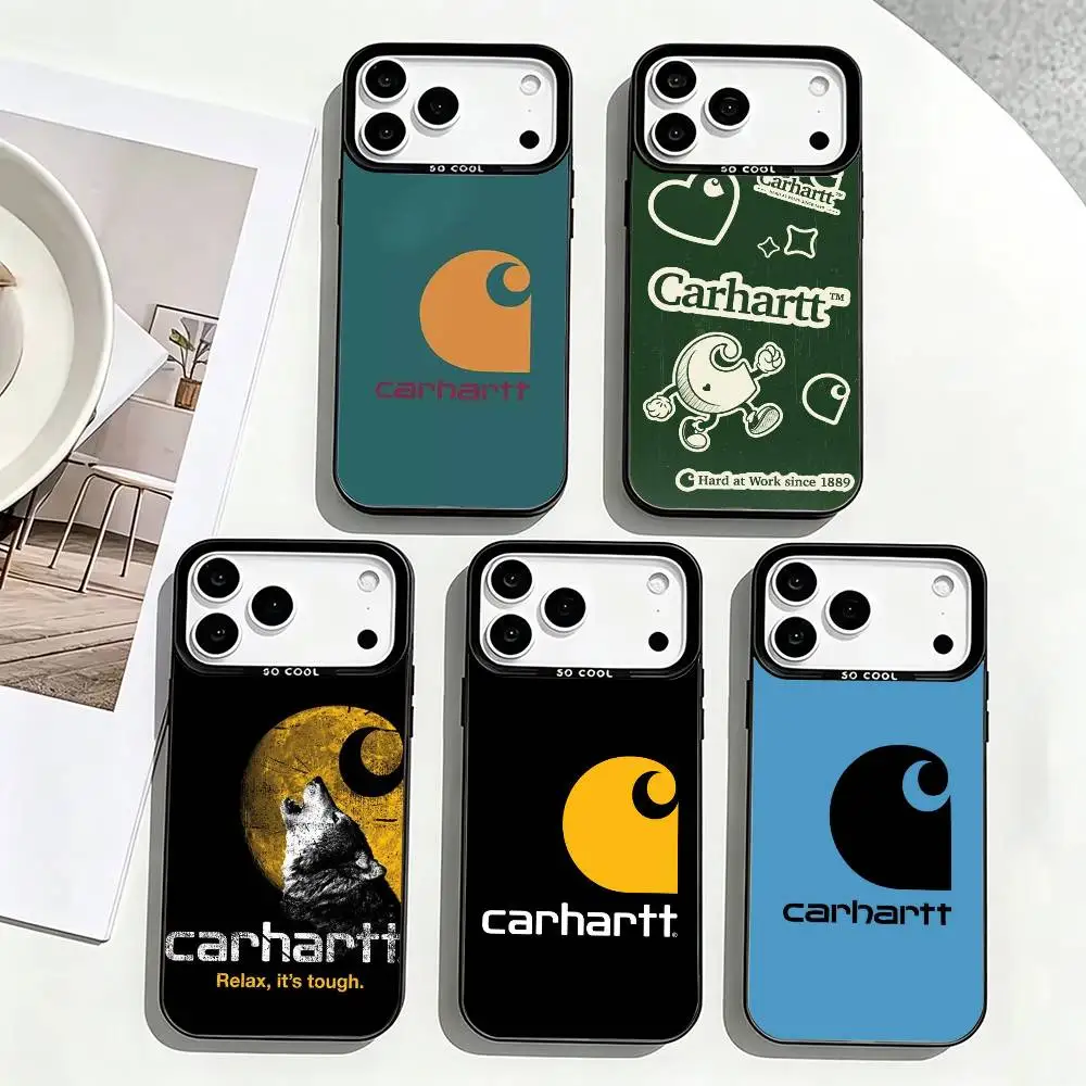 Фото Кожаный чехол C-Carhartt с логотипом для iPhone 17, 16, 15, 14, 13, 12, 11 Plus, Pro Max, XS, цветной, серебристо-черный №1