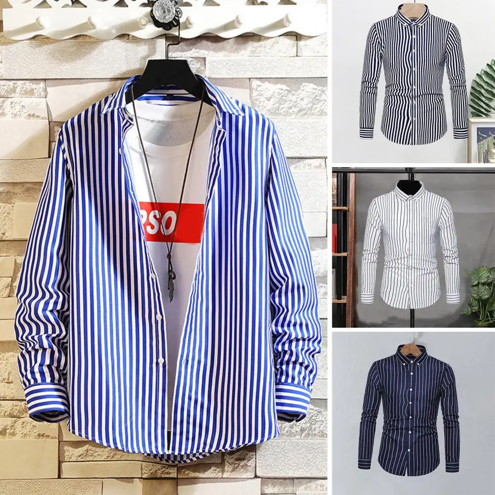 

Men Shirt Slim Fit Long Sleeve Lapel Shirt Tops Vertical Striped Print Single-breasted Business Tops Streetwear