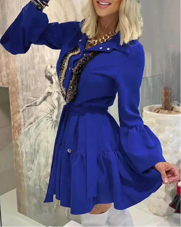 

Elegant 2022 Spring Women Long Sleeve Party Blue Contrast Sequin Shirt Dress Female & Lady High Waist Mini Dresses
