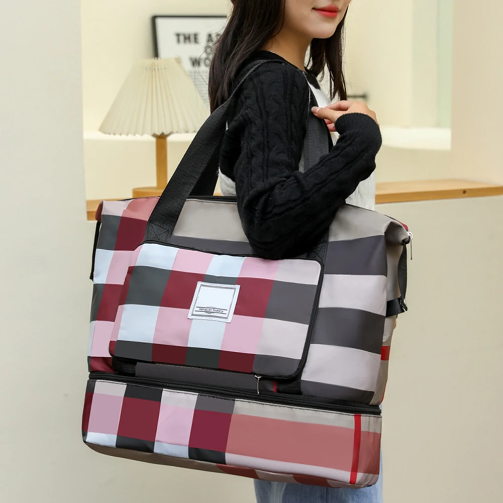 Portable Travel Bag Large Capacity Wet And Dry Separation Shoulder Bag Fashion Plaid Travel Duffel Bag Multipurpose Fitness Tote
