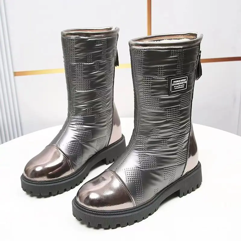 

2023 Winter Women's Leather High Top Thickened Plush Warm Zipper Snow Boots Thick Bottom Non Slip Waterproof Casual Cotton Boot