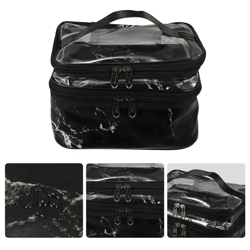 and White  Beautiful Double Layer Marble Pattern Makeup Bag Cosmetic Organizer Black and White - Perfect for Travel!