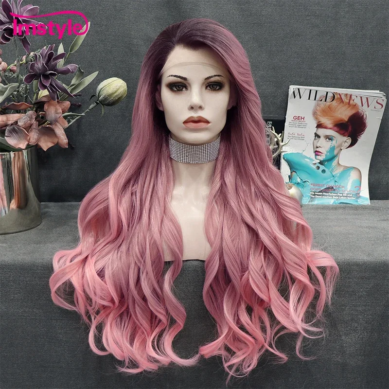 Розовый парик Imstyle длинный синтетический на сетке спереди термостойкий
