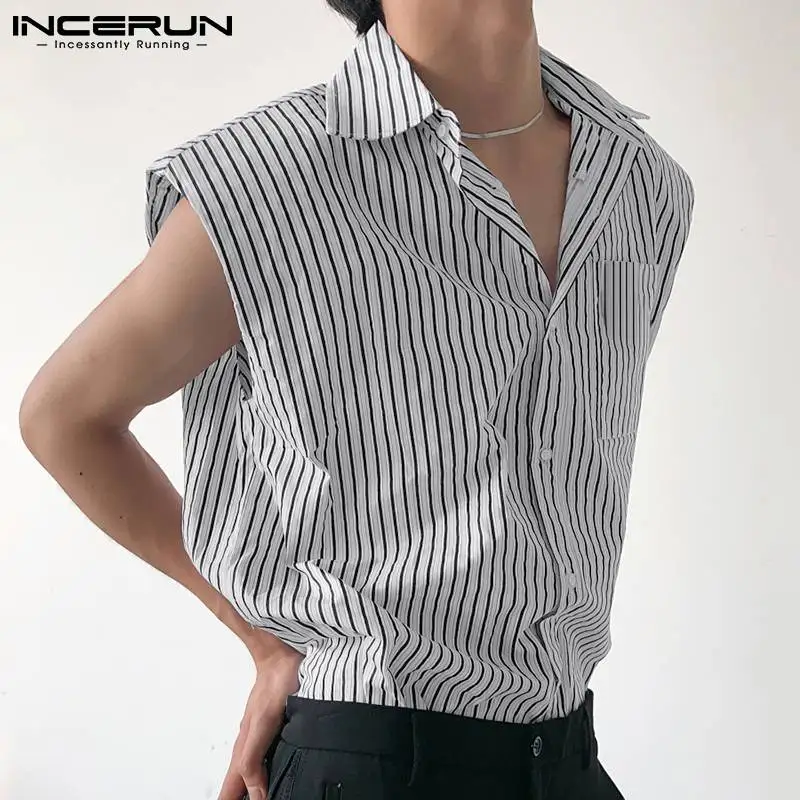 

Топы INCERUN 2022, Мужская модная повседневная безрукавка в Корейском стиле, стильные мужские Наплечные жилеты, безрукавки в полоску, футболки