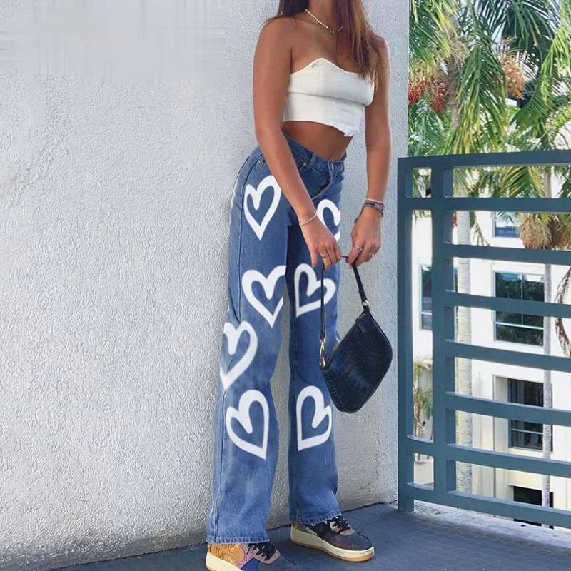 

Женские джинсы в стиле 90-х корейские новые синие джинсы с принтом индийских сердец в стиле МОМ Харадзюку мешковатые прямые джинсовые джогге...