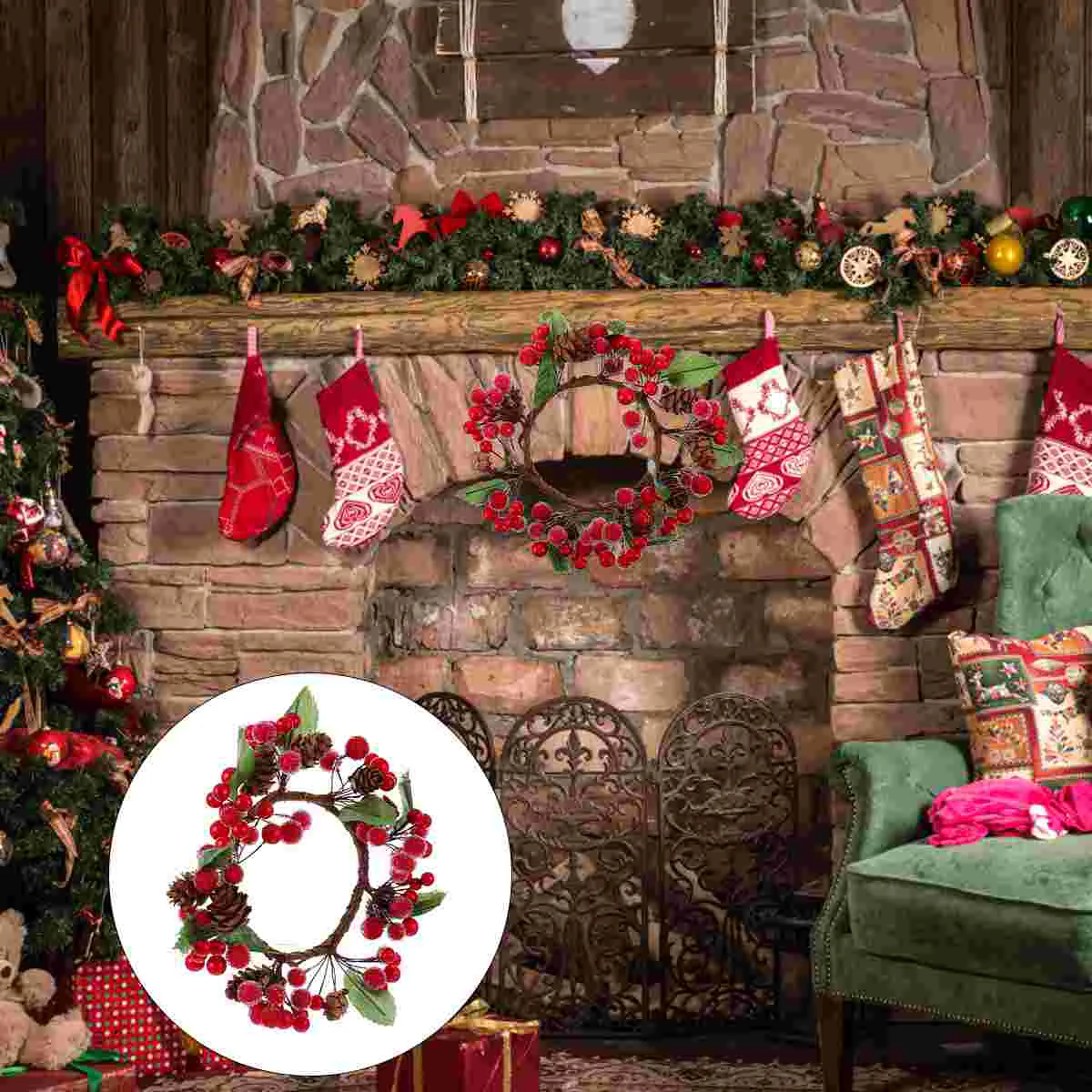 

1pc Merry Christmas Wreath Artificial Berry Wreath Christmas Tree Wreath Xmas Window Garland Pinecone Garland Wreath