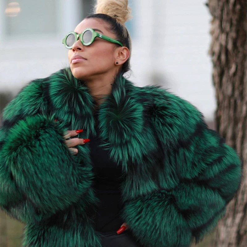 Natural Fox Fur Jacket Women Luxury Thicken High Street Outertwear Lady Winter New Warm Cozy Genuine Green Fox Fur Coat Female