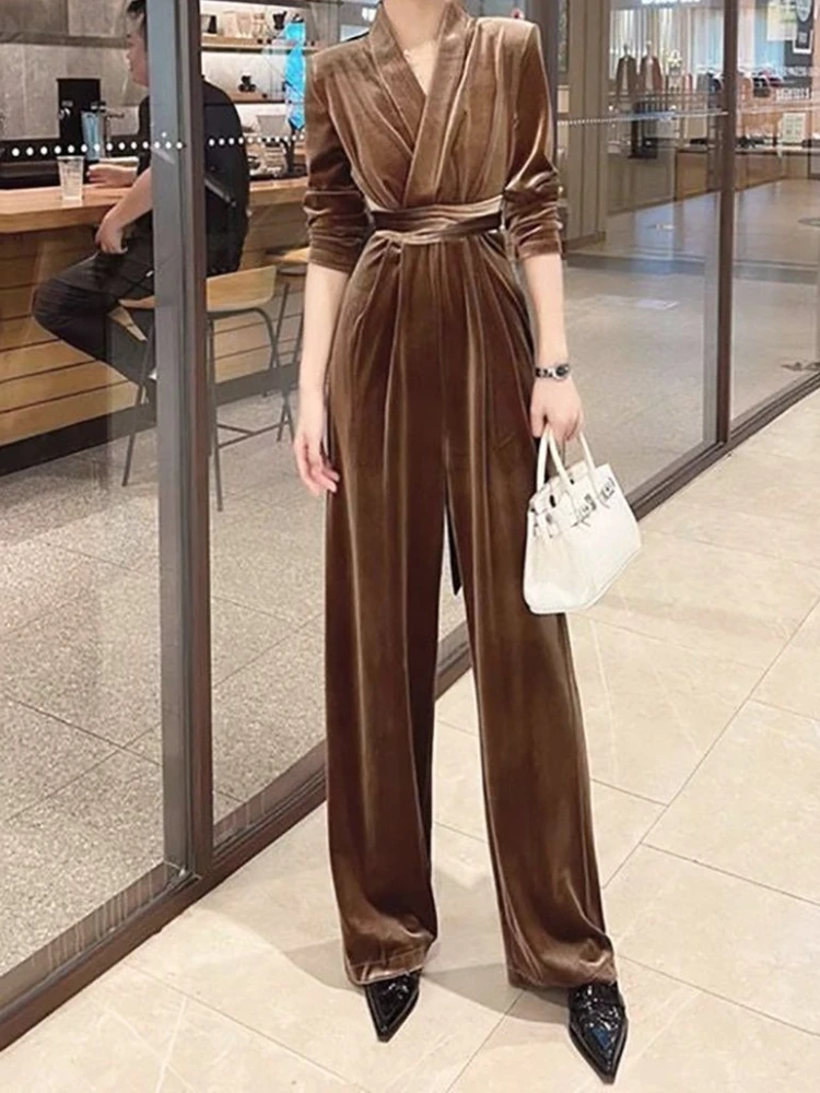

2023 Autumn New V-neck Strap Waist Wide Leg Pants Jumpsuits for Women Rompers Women Jumpsuit Jump Suits for Women