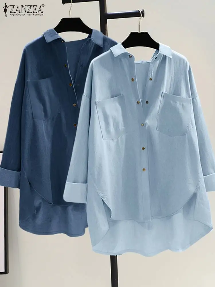 

2022 Chic Solid Irregular Shirts Casual OL Long Sleeve Camisas Oversized ZANZEA Denim Blue Tops Retro Blusas Women Spring Blouse