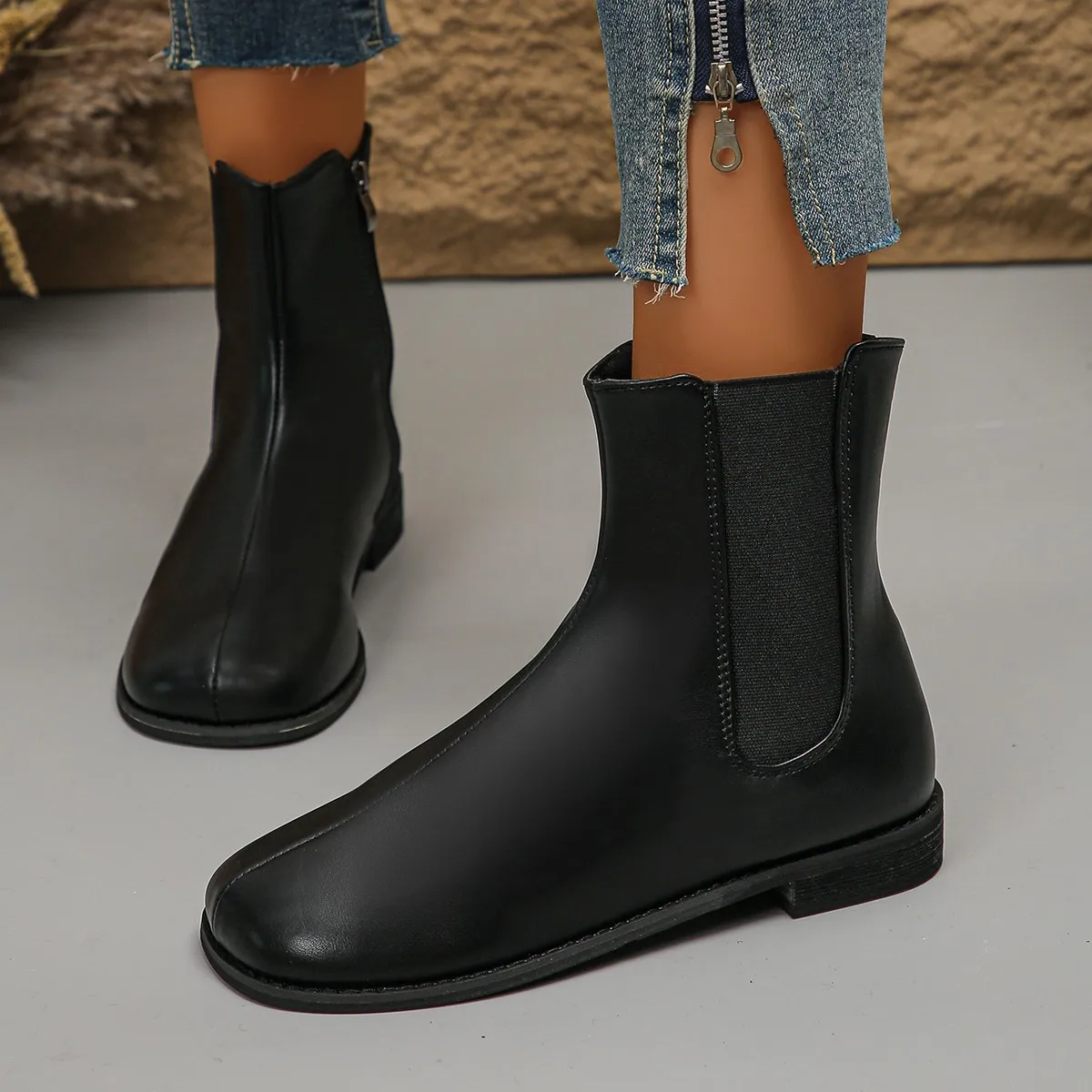 Женские резиновые сапоги зимняя обувь ботинки с круглым носком на молнии женские