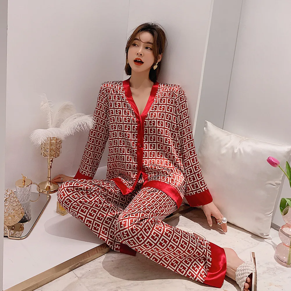 Women's Pajamas Set V Neck Design Luxury Cross Letter Print Sleepwear Silk Like Home Clothes XXXL Large Size Nightwear