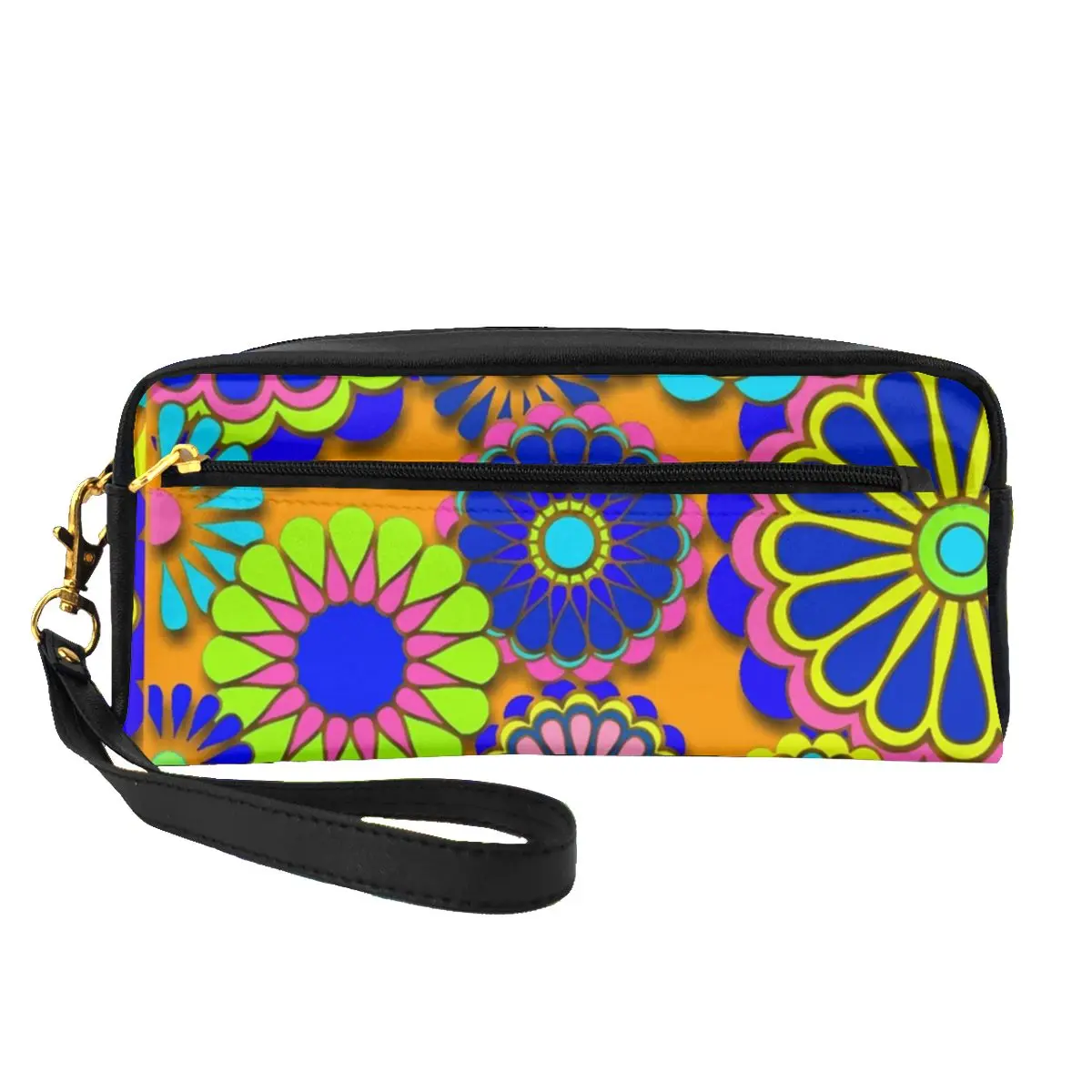 

Flower Power Retro Style Hippy Flowers A-Line Dress Leather Storage Organizers Woman's Makeup Bag Traveling Pack Cosmetic Bags