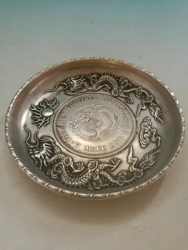 

Collectible Decorated Old Handwork Miao Silver Carved Dragon Phoenix Plate