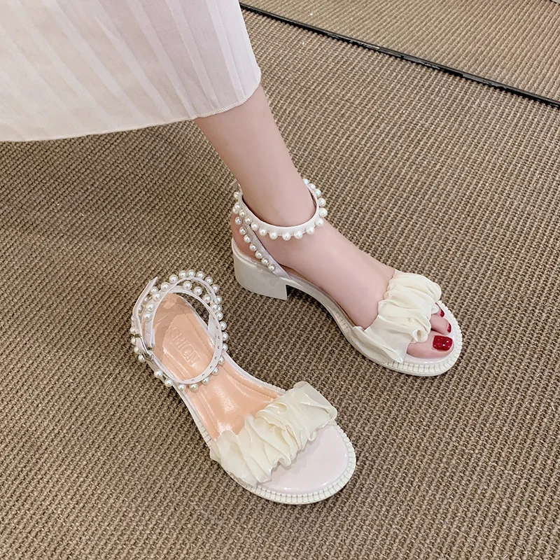 

Pearl Sandals 2022 Women's All-Match Ladies Shoes Summer Block Heels Med Suit Female Beige New Fashion Girls Comfort Chunky High