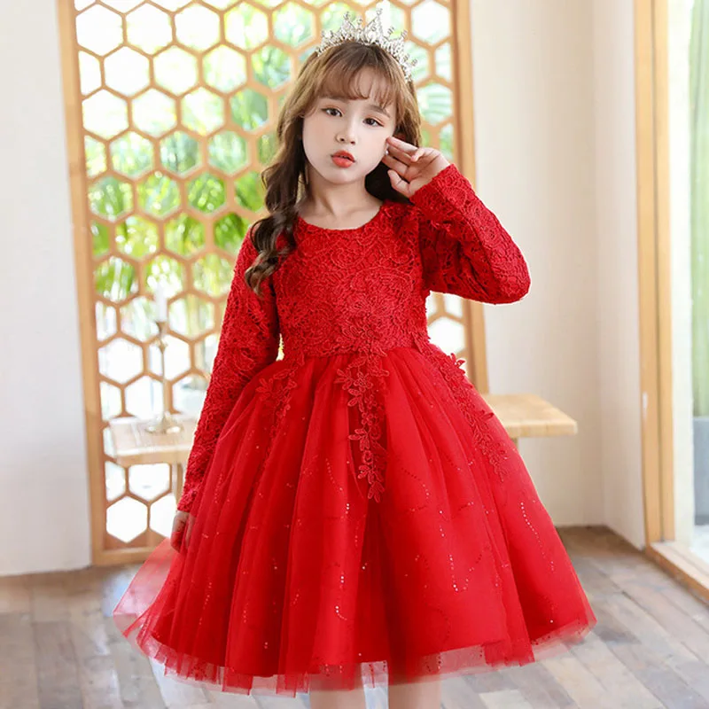 

Carnival Dress 2022 Spring New Autumn Wedding Dress Long-sleeve Kids Lace Princess Dress For Girls Banquet Evening Dresses 4-14Y