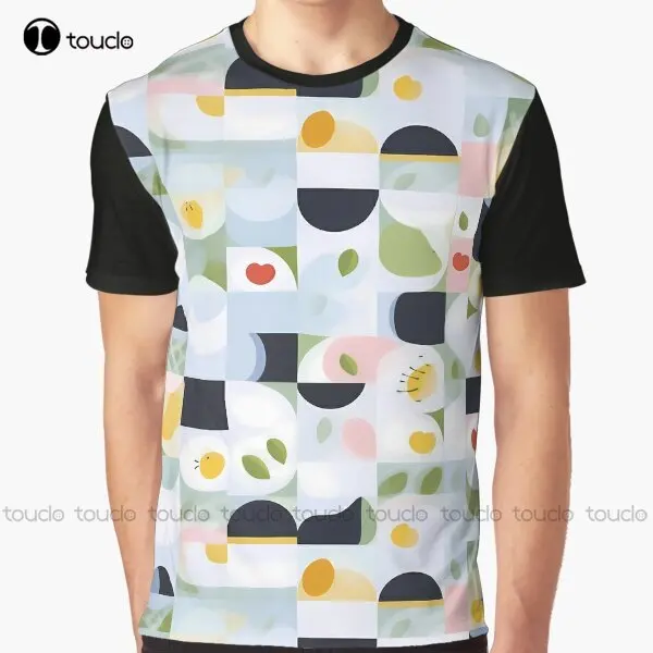 

Square Minimalist Pattern Of White, Green, And Yellow Abstract Shapes Reminding Of Lemons, Strawberries, Leaves Graphic T-Shirt