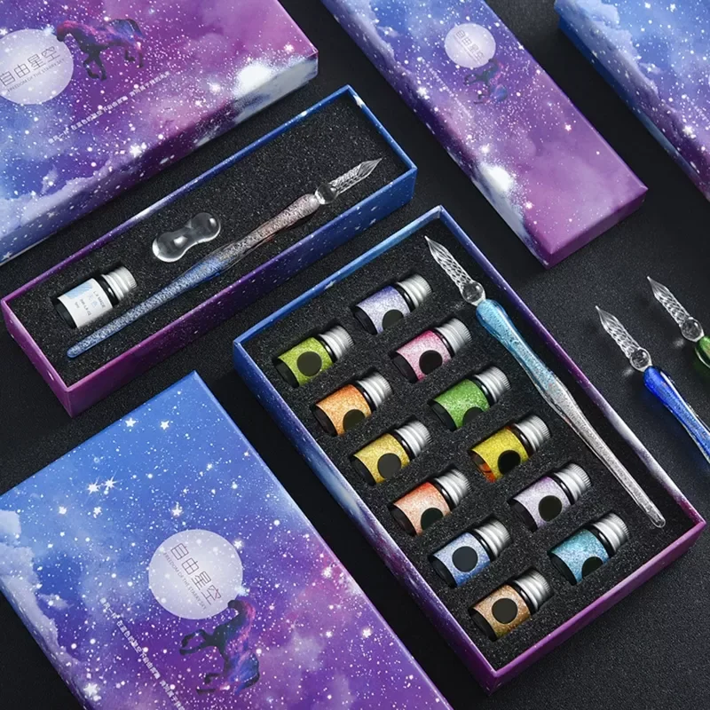 

Glass Pen Starry Sky Dip Pen Glitter Powder Fountain Pen 12 Colors Ink Gift Box Set Writing Supplies