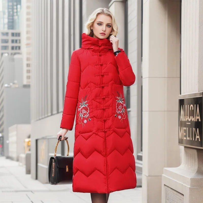 

Хлопковая куртка в этническом стиле, новинка зимы 2021, длинная куртка с капюшоном и вышивкой на пуговицах, хлопковая куртка в стиле ретро