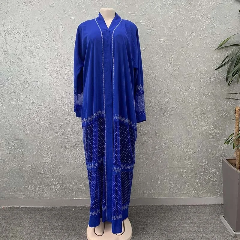 2022 Ladies Fashion Islam Kaftan Muslim Hijab Abaya African Gauze Sleeves Long Dress Diamond Decoration And Scarf