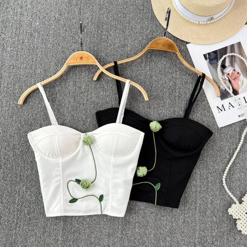 

Hikigawa Chic Fashion Women Tops Retro Elegant 3D Floral Design With Pad Camisole Sexy Y2k High Waist Cropped Tank Top Mujer