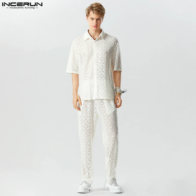 

Повседневные женские Стильные комплекты, модные мужские привлекательные кружевные ажурные рубашки с коротким рукавом и брюки, комплект из двух предметов, модель 2023