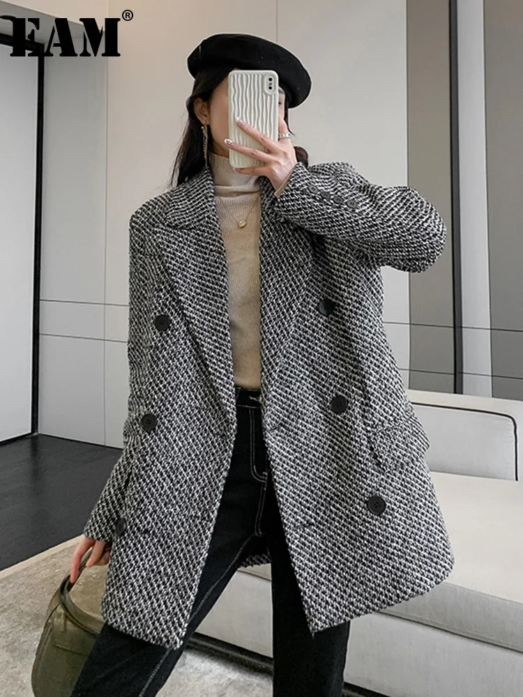 [EAM] Women Beige Plaid Vintage Casual Blazer New Lapel Long Sleeve Loose Fit Jacket Fashion Tide Autumn Winter 2023 1DF4089