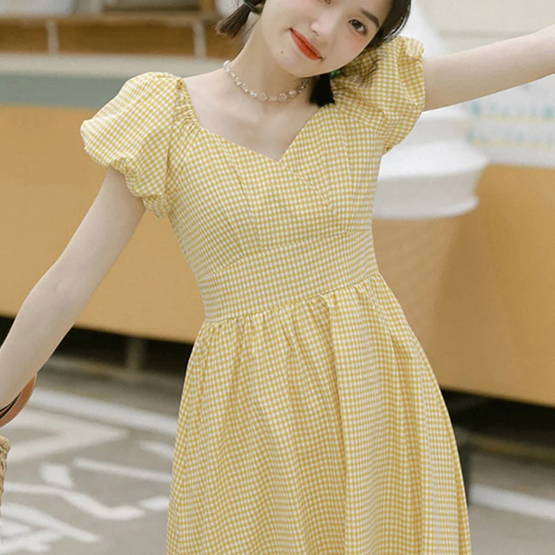 

Vintage Plaid Dress Women kawaii Lolita Short Puff Sleeve y2k Sweet Casual Dress Elegant Office Lady New Korean Fashion Summer