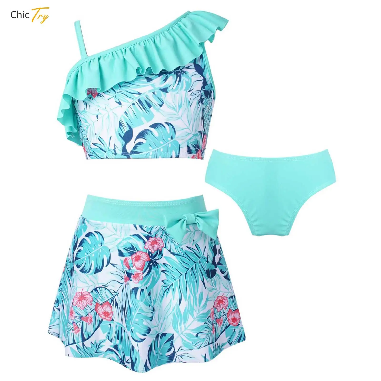 

Kids Girls One Shoulder Ruffle Top with Bottoms Skirt 3 Piece Floral Print Swimwear Bathing Suit Water Sport Swimsuit Beachwear