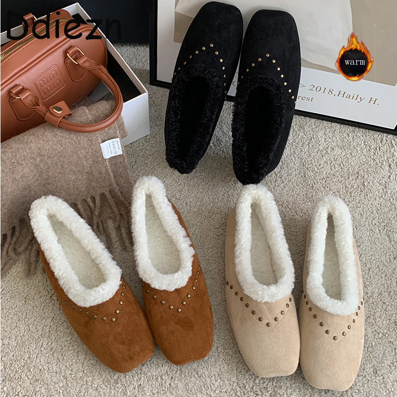 

Winter Warm Plush Femme Shoes Casual Fur Women Cotton Footwear New In Shallow Square Toe Buckle Ladies Furry Flats Shoes