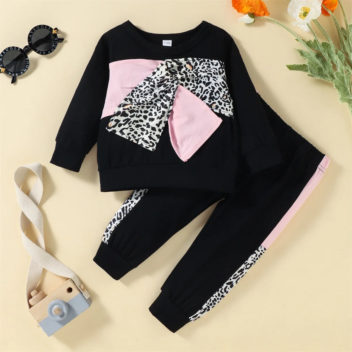 

Infant Clothes Baby Girls Cute Pretty Set Stitching Bow Sleeve Pink Leopard Pullover Tops+Pants Autumn Casual Clothes Suit