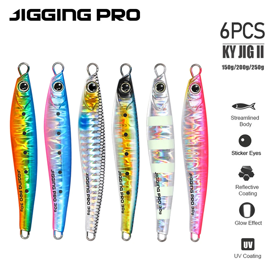 Фото JIGGING PRO 6 шт. Металлические джиги с УФ-покрытием 12T, светящиеся в темноте, 15г 20г 30г 40г 60г, искусственная приманка для джиггинга №1