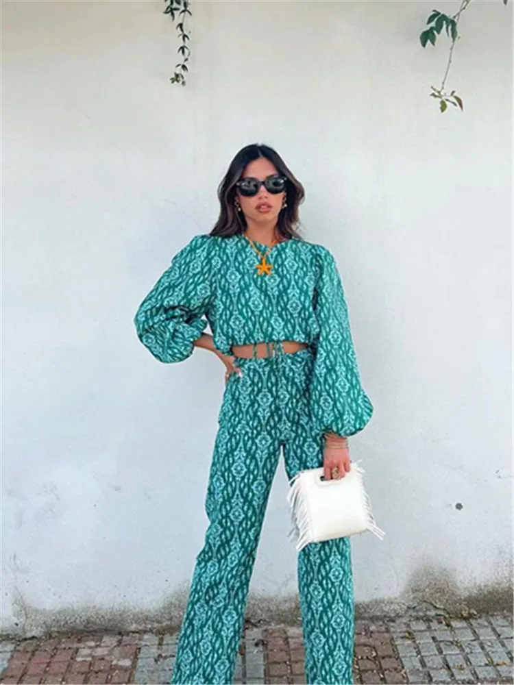 

PB&ZA Spring/Summer New Women's Printed Round Neck Long Sleeve Short Top Pocket High Waist Trousers Suit 3198/050 3198046