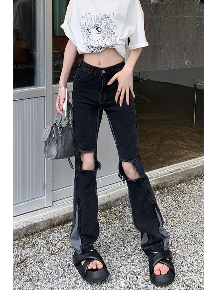 

"2022 Summer Casual Women Jeans Vintage High Waist Hole Denim Trousers Fashion Frayed Stitching Straight Tube Micro Horn Pants "