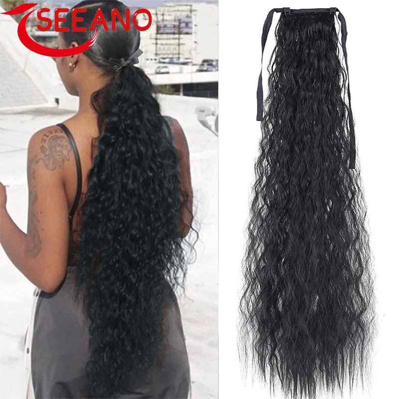 

SEEANO Curly Ponytail Extensions Clip in Synthetic Drawstring Ponytail Wig Long 32Inch Water Wave Pony Tail Women Hairpiece