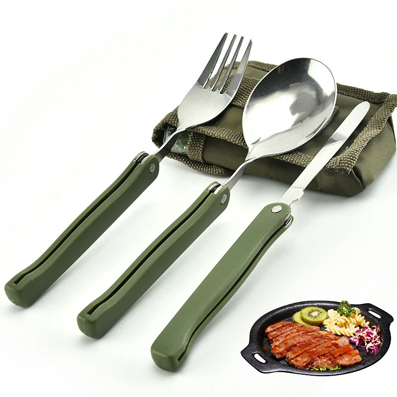 

Meal Spoon Fork Outdoor Three-piece Set With Storage Bag Multifunctional Foldable Travel Outdoor Tableware