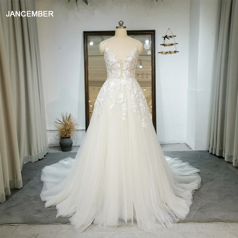 

Lace Wedding Dresses for Women 2022 V Neck A Line Transparent Tulle QW01293 Vestidos De Novia