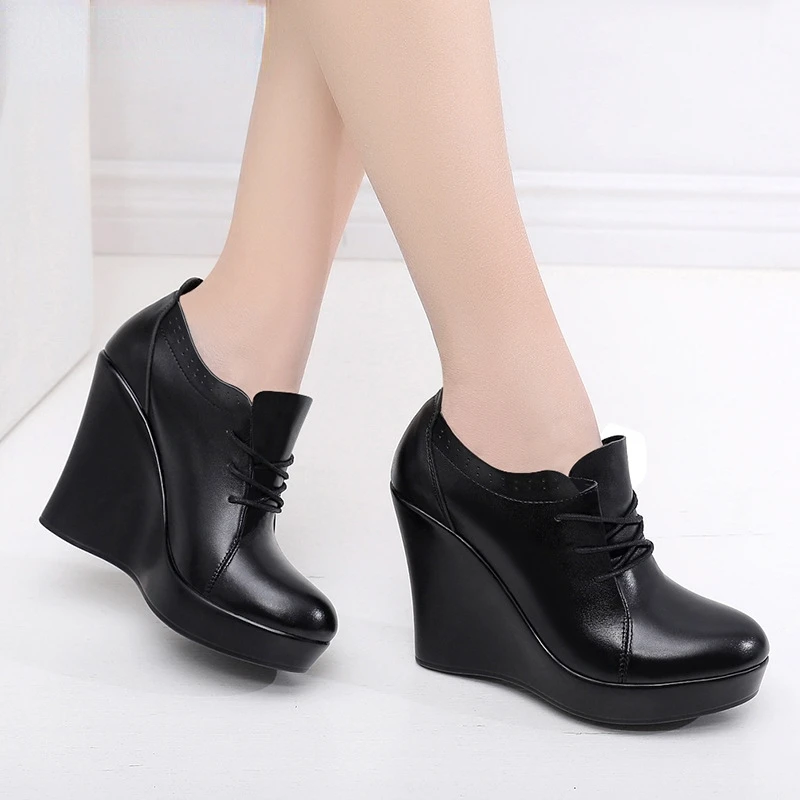 

Lace Up Wedges Shoes for Women 2022 Autumn Platform Pumps Woman High Heels Black Office Shoes Ladies Plus Size 33-41 Black Shoes